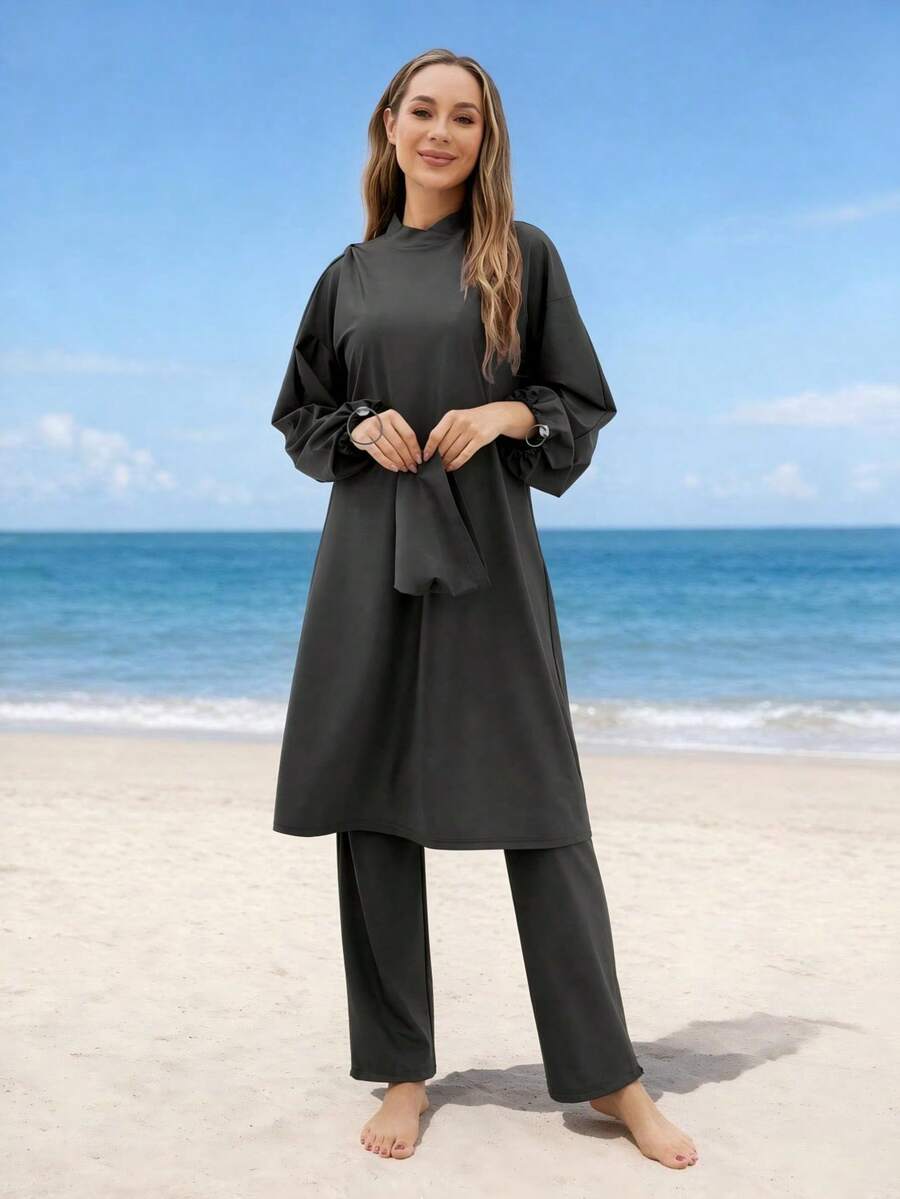 VFJ 3pcs Women Full Coverage Long Sleeve Modest Swimwear Set, Including Swimwear + Swim Cap, Suitable For Beach Vacation Summer