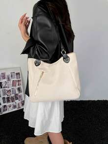 Colorblock Large Capacity Tote Bag, Patchwork Shoulder Strap Zipper Pocket Shoulder Bag, Casual Soft Women's Daily Handbag - White - View 5