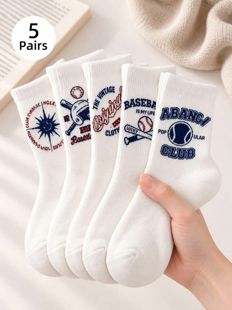 5 Pasang Kaos Kaki Setengah Betis Motif Huruf Baseball Unisex, Gaya Olahraga Jalanan, Cocok untuk Pemakaian Sehari-hari, Musim Gugur - MultiWarna - View 1