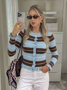 Women's Autumn/Winter Casual Elegant Blue Striped Contrast Color Metal Button Ruffle Knit Long Sleeve Cardigan Top, Back To School Sweater - Blue - View 5