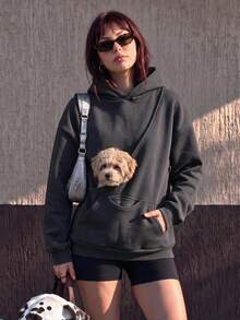 Pet Owner Essential, Women's Casual Fleece Loose Hooded Sweatshirt With Pockets, Pet-Friendly Design, Autumn/Winter Women's Outfit - Dark Grey - View 2