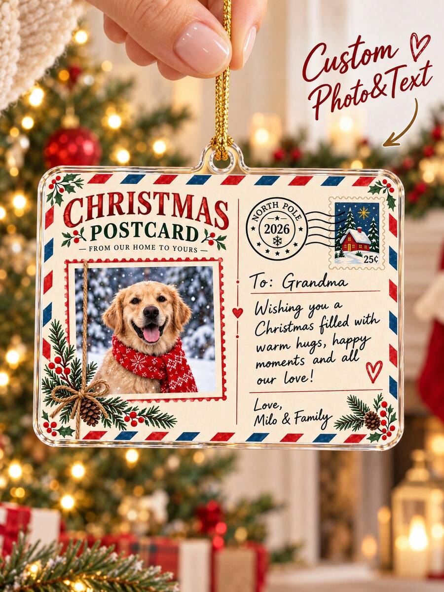1pc Customized Pet Christmas Postcard Photo Acrylic Hanging Ornament, Personalized Text North Pole Postcard Tree Decoration, Pet Family Photo Christmas Keepsake Gift, Pet Lover Gift, Winter Holiday Gift, Christmas Gift - Multicolor - View 1