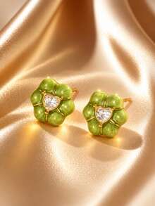VceTd 1 Pair Elegant Style White/Green/Pink Enamel Floral & Heart Design Stainless Steel Stud Earrings For Women, Suitable For Vacation Wear - Yellow Gold - View 6