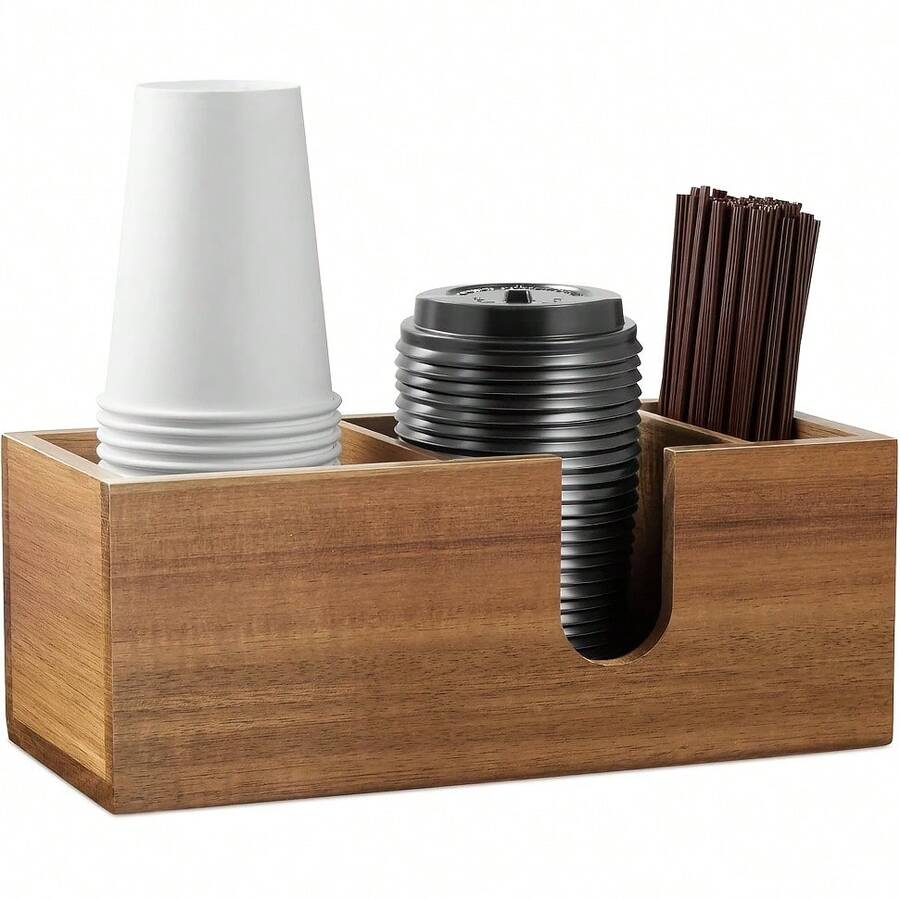 1pc Bamboo Wooden Coffee Storage Box, Creative Coffee Bar Countertop Organizer With Divided Sections, Wooden Cup Holder Storage Rack, Cup, Lid, Straw, Stirrer Stick Storage Basket, Suitable For Kitchen, Office, Home Coffee Bar Accessories - Wood Color - View 1