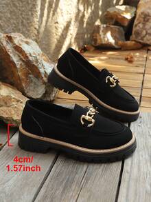1 Pasang Sepatu Loafer Fashion Wanita, Loafer Rantai Logam Sol Tebal, Sepatu Slip-On untuk Kantor dan Perjalanan. - Hitam - View 6