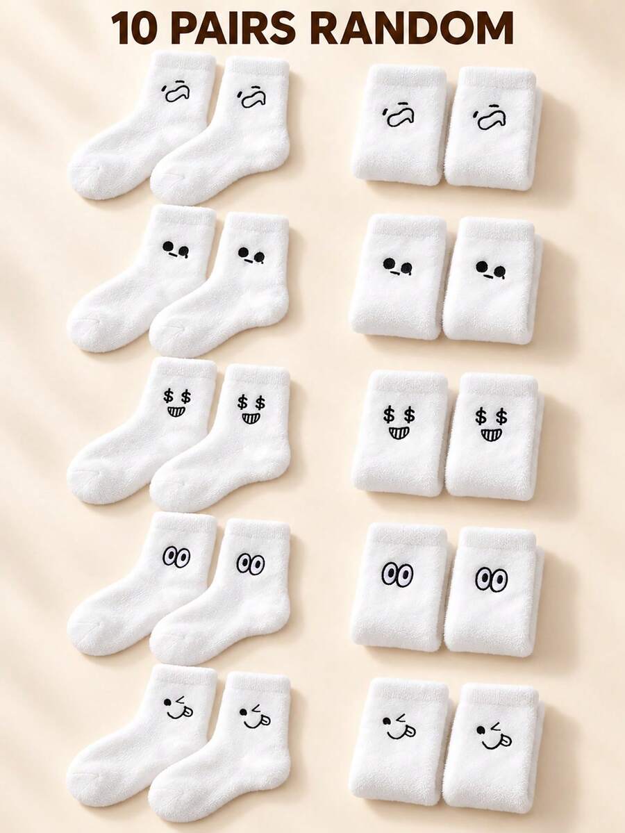 10 Pairs Random Cartoon Face Mid-Calf Socks, Cute Fuzzy Sleep Floor ...