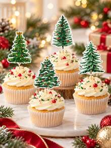 24/48pcs Christmas Tree Cupcake Toppers, Evergreen Tree Pattern, Christmas Theme Party, Birthday Party, Holiday Celebration Cake Decoration, Dessert Table And Party Supplies - Style a - View 2