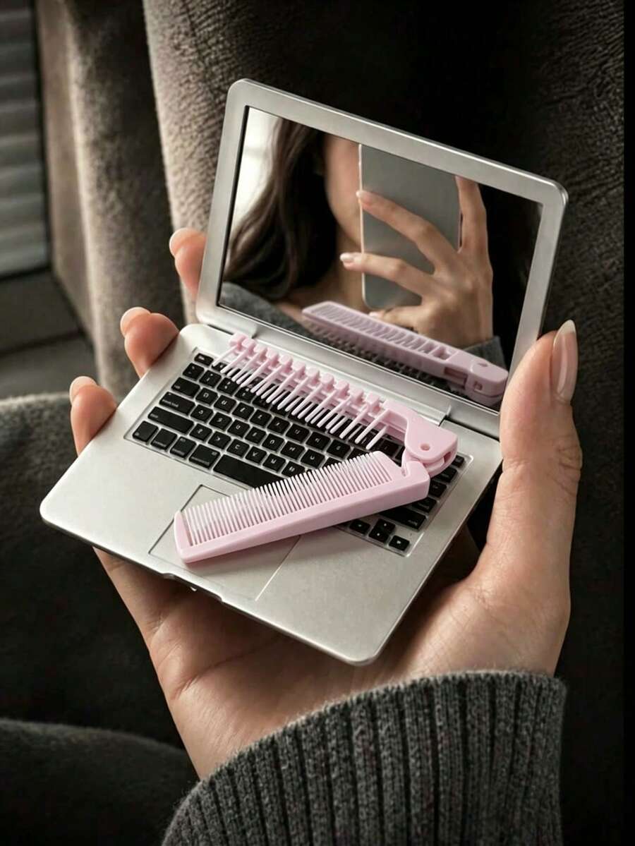 Mini Makeup Mirror & Folding Hairbrush Set, Portable Compact Hand Mirror, Dual-Purpose Foldable Travel Hair Brush Comb, Cute Pocket Size Makeup Kit, Suitable For Handbag, Travel, Daily Touch-Ups, Women's Travel Accessory Gift Set