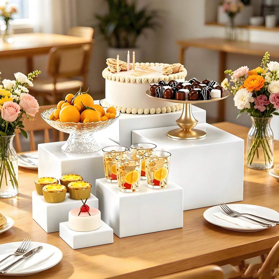 1/6 Pcs Acrylic Buffet Display Stand, Food Display Riser, For Buffet Table, Hollow Bottom Dessert Cube Box, White Cube Tabletop Storage Rack Organizer, For Party, Wedding And Other Holiday Dessert And Cake Display - Multicolor - View 1
