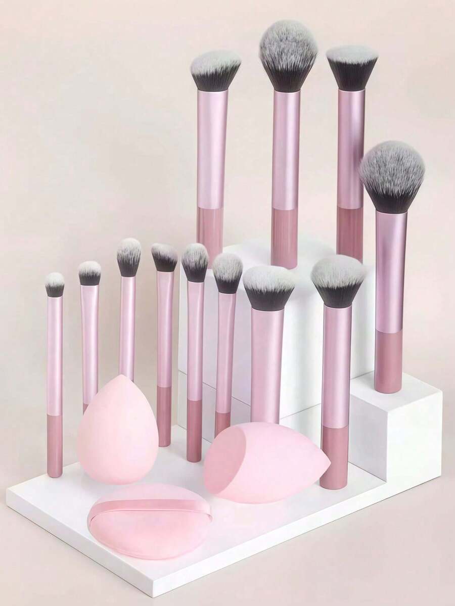 12pcs Multi-Function Super Soft Makeup Brush Set / Angled Or Teardrop Shaped Makeup Sponges / Round Or Teardrop Shaped Powder Puffs, Help You Apply Makeup Quickly - Pink - View 1