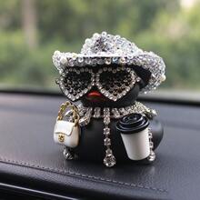 Car Dashboard Duck Ornament, Resin, Black, Full Rhinestone Inlaid, Cute Stylish Design, Small Handbag & Coffee Cup Decor, Tabletop Figurine For Auto Interior Decoration - A - View 6