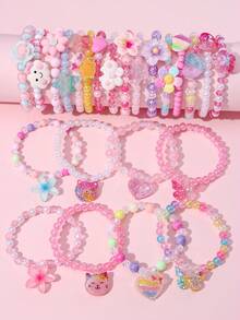 24Pcs Kids Beaded Bracelet Set, Random Color Cute Bead Bracelets For Girls, Daily Holiday Party Accessories, Birthday Gifts For Children - Multicolor - View 6