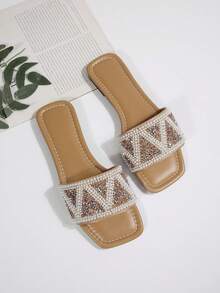 Summer Square Toe Pearl Embellished Single Strap Flat Slides, Gentle Style Outdoor Wear Fashion PU Leather Pearl Sandals For Home And Office - Ginger - View 2
