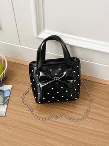 Girls Sweet Polka Dot Bow Mini Tote Bag, Kids Handbag With Chain Crossbody Strap, Princess Accessory Bag - B - View 5