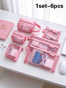 1 Set/6pcs Minimalist Transparent Mesh Storage Bag Set, Mesh Makeup Bag, Portable Coin Purse, Stationery Pencil Case, Zippered Travel Toiletry Bag, Suitable For Home Office Data Cable Storage Accessories, Portable Coin Purse For Outings, Can Store Cards, Keys And More - Multiple Styles - View 18