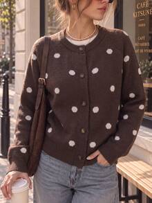 Women's Polka Dot Front Button Long Sleeve Cardigan - Dark Brown - View 3