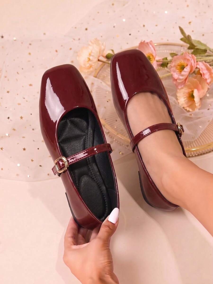 HFSHUNXY Flatjoy 2026 Elegant Autumn/Winter Women's Burgundy Square Toe Mary Jane Flats, Commuter Versatile, Elegant Fashion, Casual Minimalist, Suitable For Shopping, Dating, Party, Banquet, Valentine's Day, Single Strap Buckle