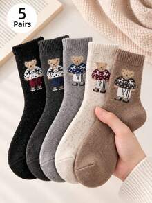5 Pairs Autumn/Winter Cute Cartoon Bear Soft Warm Mid-Calf Slouch Socks, Sweet Preppy Style, Random Assortment - Multicolor - View 1