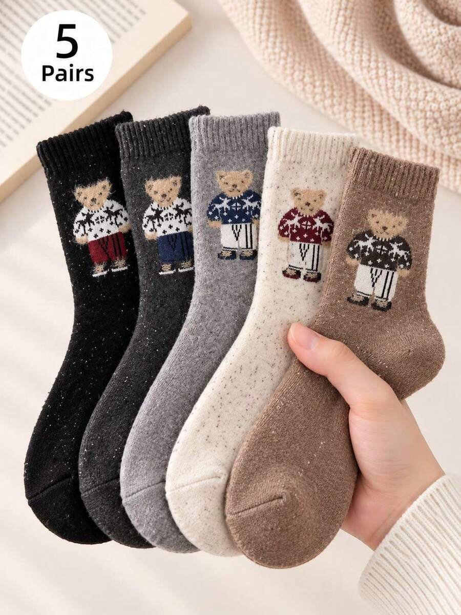 5 Pairs Autumn/Winter Cute Cartoon Bear Soft Warm Mid-Calf Slouch Socks, Sweet Preppy Style, Random Assortment - Multicolor - View 1
