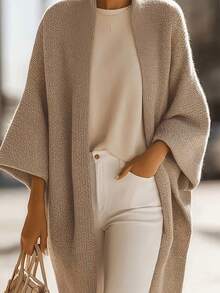 Women's Plus Size Batwing Sleeve Midi Cardigan Loose Fit Knit Duster For Fall & Winter, Casual Open Front Outwear - Khaki - View 2