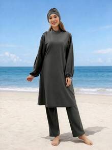 VFJ 3pcs Women Full Coverage Long Sleeve Modest Swimwear Set, Including Swimwear + Swim Cap, Suitable For Beach Vacation Summer - Dark Grey - View 3