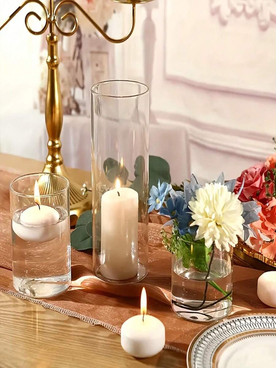 Transparent Glass Candle Holder, Cylindrical Glass Vase, For Tabletop Decoration, Artistic Floral Arrangement, Wedding Party Centerpiece, Home Decor Gift, Birthday Gift, Graduation Gift - 1PC - View 1