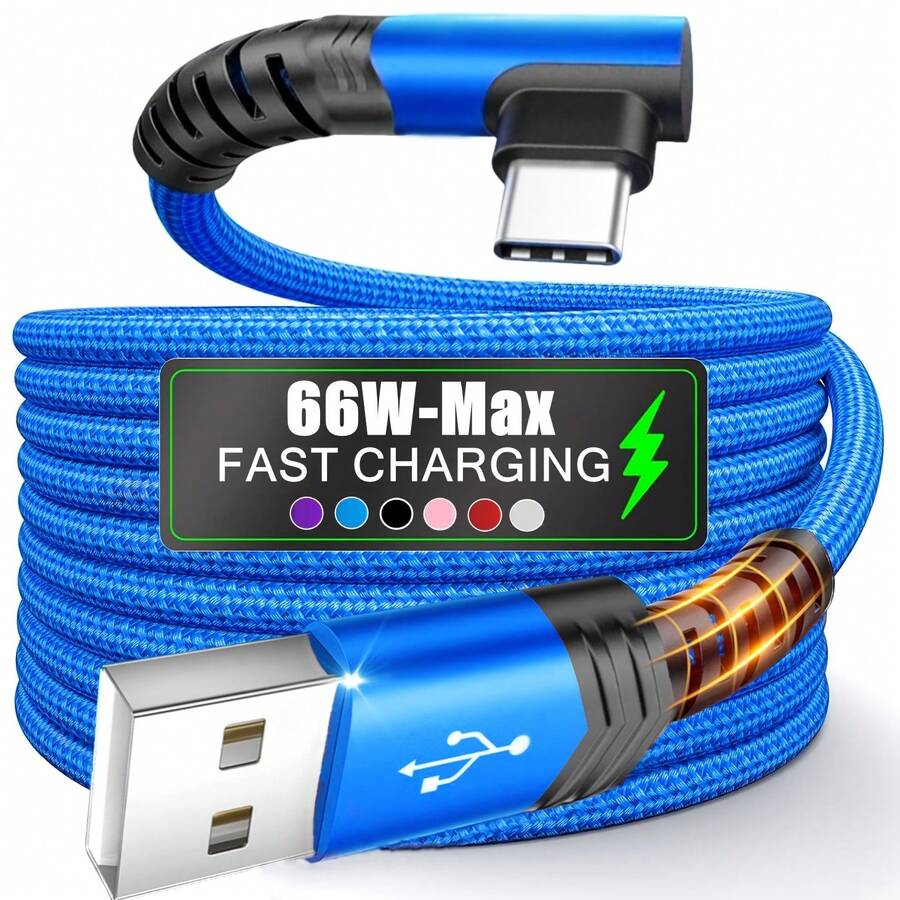 Charger Cepat Tipe C, Kabel USB ke USB C Sudut Kanan dengan Jalinan, Kompatibel dengan , dan Lebih Banyak Smartphone - MultiWarna - View 1