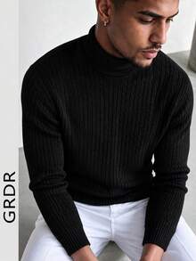 GRDR Men's High Neck Cable Knit Sweater, Black Vertical Ribbed Textured Slim Fit Long Sleeve Pullover Base Layer For Autumn/Winter - Black - View 5