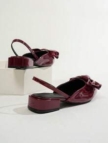 French Style Large Bow Pointed Toe Slingback Pumps Women Low Square Heel Closed Toe Open Back Dress Shoes Commute Chunky Heel Sandals Fashion Burgundy High Heel Pumps - Burgundy - View 8