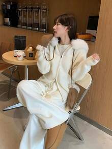 Women's Loose Fur Collar Hooded Knit Cardigan Sweater, Slimming Loose Fit Autumn Top - Apricot - View 8