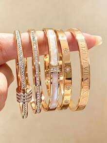 5/1pc Gold Hinge Bracelet, Rhinestone Shell Floral Roman Numeral Details, Suitable For Daily Layering - Gold - View 1
