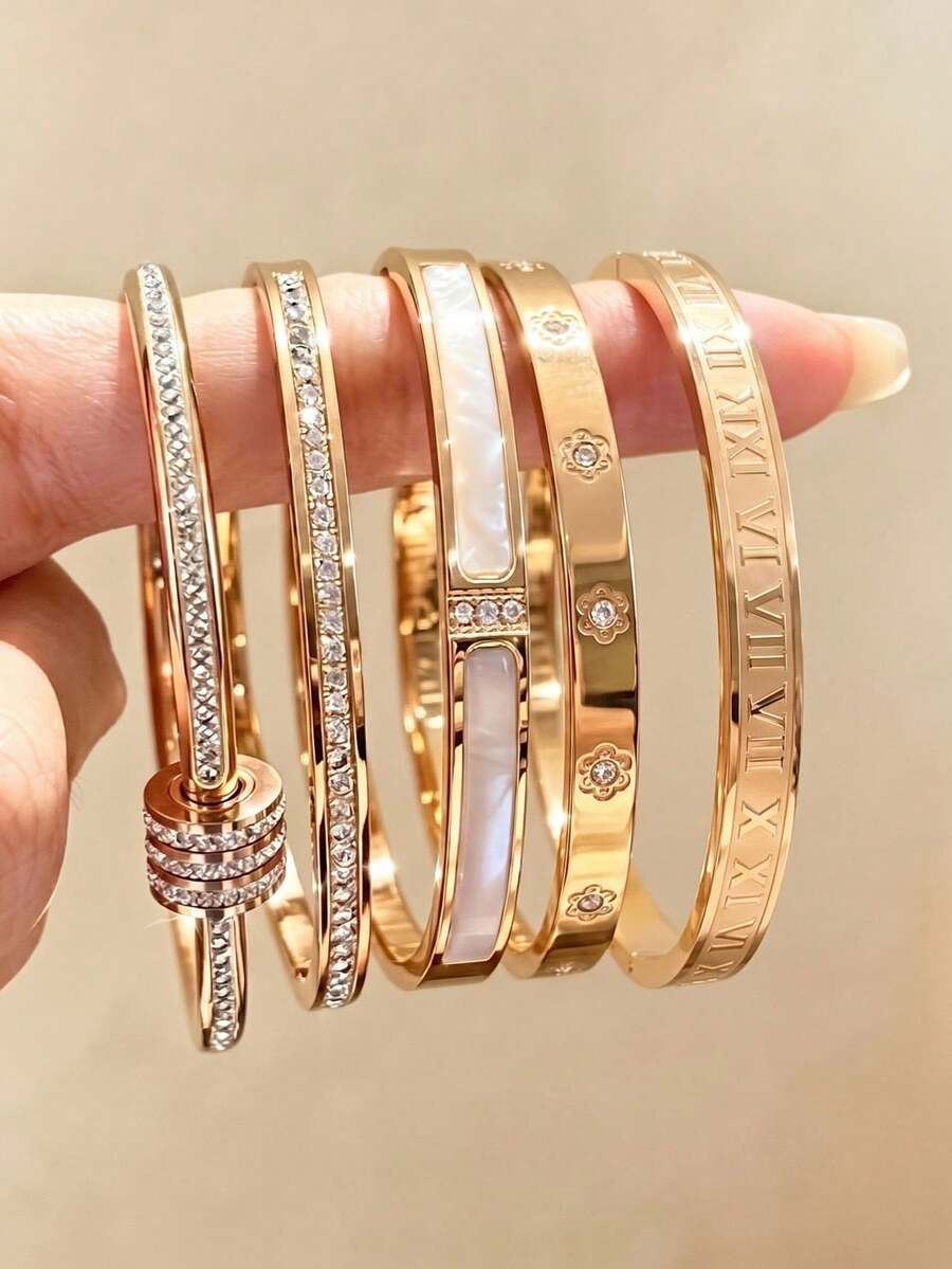 5/1pc Gold Hinge Bracelet, Rhinestone Shell Floral Roman Numeral Details, Suitable For Daily Layering - Gold - View 1