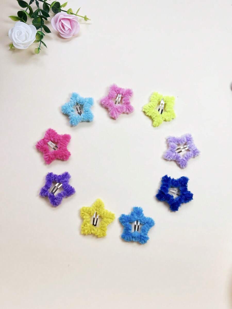 5pcs Candy Color Plush Star Hair Clips, Cute Five-Point Star BB Clips, Women's Bangs & Side Hair Accessories - Multicolor - View 1