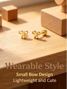SHZYLN 1pair Hollow Bow Design Screw Back Stud Earrings, Tiny Bow Ear Studs, Stainless Steel Cartilage Piercing Earrings, Simple Daily Ear Ornaments - Bow - View 6