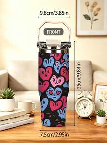 Valentine 1pc/5pcs 30oz Colorful Cartoon Heart Pattern Insulated Stainless Steel Travel Mug With Handle And Flip Lid, Portable Large Capacity Reusable Water Cup For Camping, Iced Coffee - Multi-color Cartoon Heart - View 4