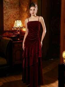 Formal Glitter Velvet Prom Dress Spaghetti Strap Sparkly Ruched Tiered Romantic Gala Party Gown Vintage Wedding Guest Birthday Party Dress Fall Winter - Burgundy - View 7