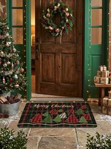 1pc Christmas Red Green Black Plaid Background, Various Christmas Tree Patterns, Gold Christmas Art Lettering, Dotted Decoration, Autumn/Winter New Crystal Velvet Door Mat Home Decor, Suitable For Living Room, Bedroom, Office, Dining Table, Coffee Table, Entrance, Bathroom Door, Comfortable, Beautiful, Easy To Clean, Multiple Sizes Available, Suitable For Christmas Holiday Decoration, Home Decor - A - View 3