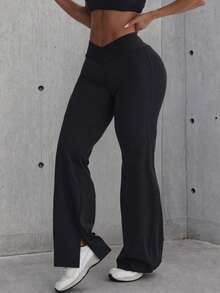 Women's Fashion Solid Color Cross High Waist Yoga Casual Split Leg Knit Sports Pants - Black - View 5