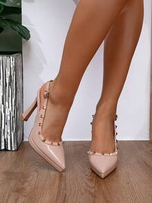 New Fashion Party Rivet Buckle Single Strap Apricot Glossy Thin Heel Ultra High Heel Pointed Toe Women's High Heels - Apricot - View 5