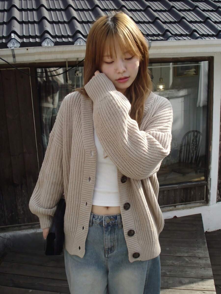 Áo khoác cardigan len dệt kim dáng rộng tay lồng đèn, cổ chữ V, cài nút đơn, màu trơn cho mùa Thu/Đông - Màu Khaki - Xem 1