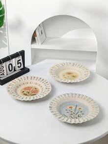 1 buah Piring Salad Keramik Motif Bunga Vintage, Piring Makan Motif Botani yang Dilukis Tangan dengan Pinggiran Bergelombang dan Bergelombang, Baki Sajian Porselen Bunga Liar yang Estetis, Peralatan Makan Rumah Tangga untuk Makanan Penutup dan Camilan, Hadiah Pesta Rumah Baru - MultiWarna - View 6