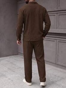 Men's Vintage Dark Brown Shirt Set, Long Sleeve Lapel Jacket With Wide Leg Pants, Textured Fabric, Fresh And Fitted - Coffee Brown - View 4
