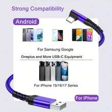 Charger Cepat Tipe C, Kabel USB ke USB C Sudut Kanan dengan Jalinan, Kompatibel dengan , dan Lebih Banyak Smartphone - MultiWarna - View 4