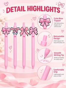 4pcs/Pack Pink Bow Clickable Neutral Ink Pens, Cute Girly Student Stationery, Smooth Writing Office & Study Pen Set - Sets - View 4