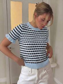 Women's Casual Contrast Color Ruffle Trim Round Neck Short Sleeve Knit Top, Summer - Multicolor - View 4