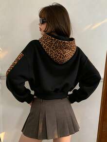 Leopard Print Patchwork Cropped Sweatshirt Sweatshirt Women's Autumn New Loose Drop Shoulder Drawstring Black Sexy Top - Black - View 3
