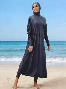 VFJ High Elasticity Elegant Women's Burkini, Round Neck Zipper Design, With Belt Top And High Waist Swim Pants Vacation Beach Summer - Navy Blue - View 3