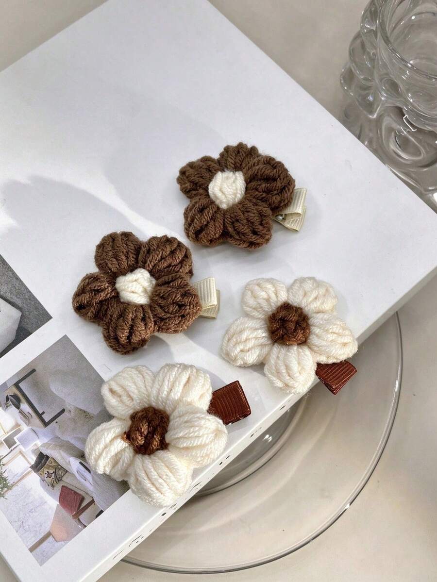4pcs Knitted Flower Hair Clips, Floral Top Clips, Cute Autumn Hair Accessories, Suitable For Women And Girls - Multicolor - View 1
