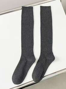 1 Pair Women's Solid Color Vertical Striped Calf Socks, High Tube Long Socks, Elastic Slimming Ribbed Long Socks, Black Grey White Versatile Preppy Style Warm Boot Socks, Autumn/Winter - Multicolor - View 7