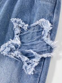 Girls' Denim Jeans, Casual Everyday Wear, Star Patch Embroidery, Simple Versatile Pants, Children's Winter Clothing - Dark Wash - View 4
